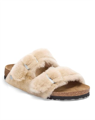 Arizona Shearling Rivet Logo Fur Sandal - Sandcastle